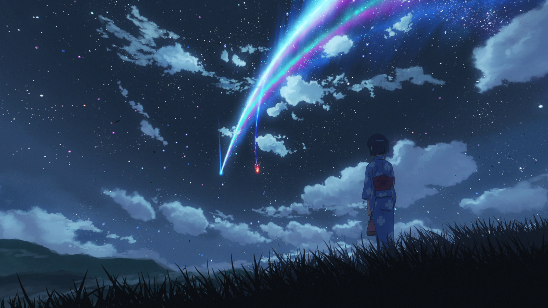 HD desktop wallpaper featuring Mitsuha Miyamizu from Your Name. Standing under a starry sky with a colorful comet streaking above, capturing a serene and mystical anime scene.