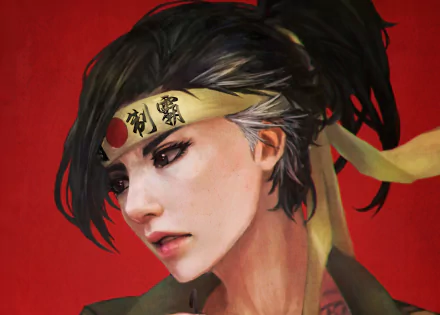 HD PC desktop wallpaper featuring a genderbend Hanzo from Overwatch with black hair and a yellow headband against a red background.