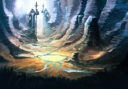 A fantasy landscape of a deep valley with towering statues and glowing rivers, rendered in vibrant detail as a 4K Ultra HD PC desktop wallpaper.