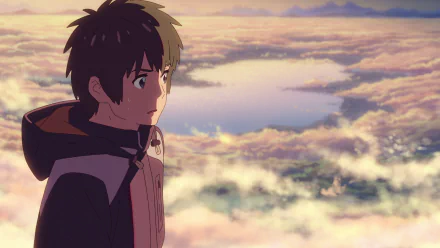 Taki Tachibana from Your Name gazes over a sunlit sea of clouds under a pastel sky — HD anime PC desktop wallpaper and background.