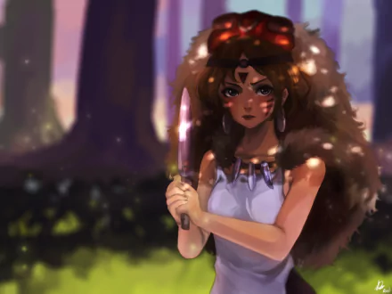 Anime-style woman warrior with brown eyes and earrings, holding a dagger in a forest setting, inspired by Princess Mononoke, featured in HD desktop wallpaper.