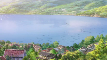 A stunning 4K Ultra HD anime wallpaper depicting Itomori town by a serene lake, inspired by the film Your Name.