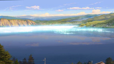 4K Ultra HD anime wallpaper of Itomori Lake from Your Name., featuring serene blue waters reflecting a bright sky with distant hills and lush greenery.