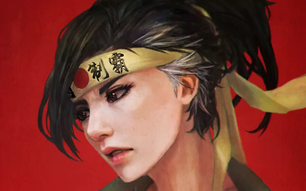 HD PC desktop wallpaper featuring a genderbend Hanzo from Overwatch with black hair and a yellow headband against a red background.