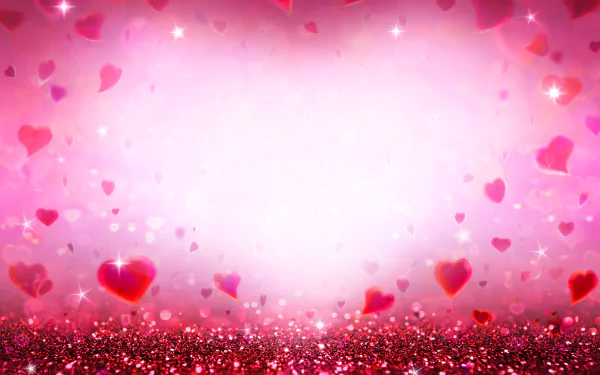 HD desktop wallpaper featuring a glittery pink background adorned with artistic hearts, evoking a romantic and loving atmosphere.