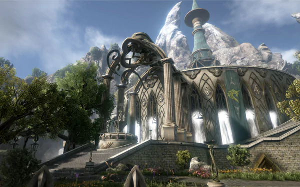 HD PC desktop wallpaper featuring a majestic fantasy structure from the video game Dark and Light, set against a backdrop of towering mountains and lush greenery.