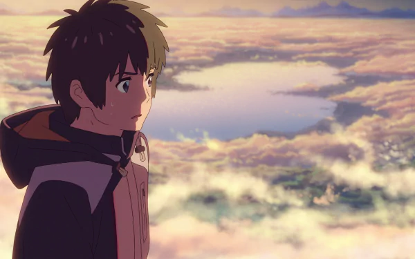 Taki Tachibana from Your Name gazes over a sunlit sea of clouds under a pastel sky — HD anime PC desktop wallpaper and background.