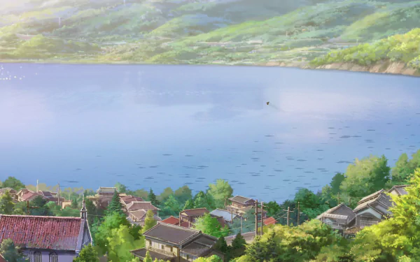 A stunning 4K Ultra HD anime wallpaper depicting Itomori town by a serene lake, inspired by the film Your Name.
