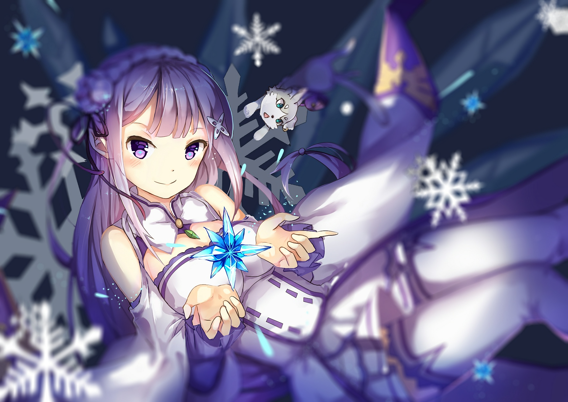 HD anime wallpaper featuring Emilia and Pack from Re:Zero - Starting Life in Another World, with a winter-themed background and glowing snowflakes.