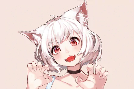 Anime character with white short hair, red eyes, fangs, and nekomimi (cat ears), posing playfully. This HD desktop wallpaper features an original anime artwork.