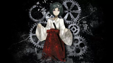 HD desktop wallpaper featuring Luka Urushibara from the anime Steins;Gate, set against a backdrop of interlocking gears.