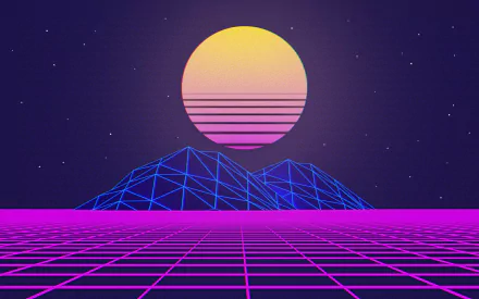 HD PC desktop wallpaper featuring an outrun retrowave landscape with neon grid, wireframe mountains, and a vibrant vaporwave sun against a starry night sky.
