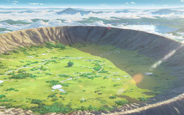 HD anime landscape from Your Name. featuring a vast crater surrounded by mountains under a bright sky with scattered clouds, capturing serene natural beauty.