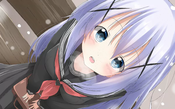 Chino Kafū (Is the Order a Rabbit) — HD PC desktop wallpaper: close-up anime of a pastel purple-haired girl in a school uniform looking up with wide blue eyes.