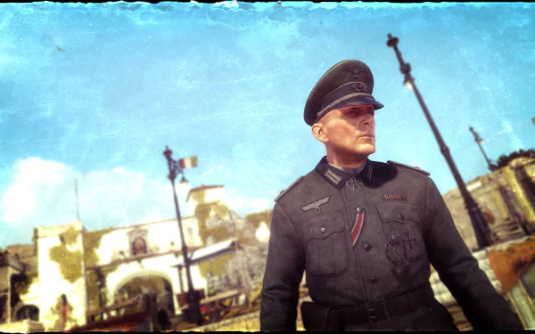 HD PC desktop wallpaper from the video game Sniper Elite 4 featuring a soldier in uniform against a bright, outdoor historical backdrop.
