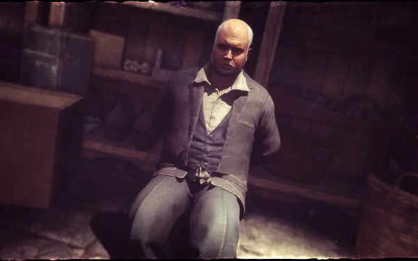 HD PC desktop wallpaper from the video game Sniper Elite 4, showing a tied man in a dimly lit indoor setting.