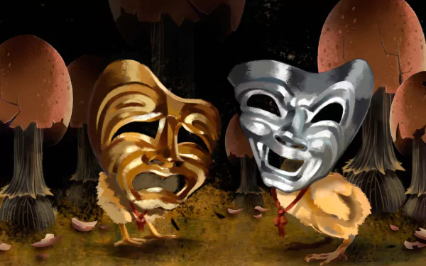 HD PC desktop wallpaper from the video game The Sexy Brutale, featuring two ornate theatrical masks with expressive faces against a dark, eerie forest background.