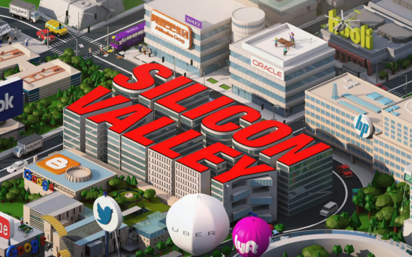 HD wallpaper featuring a stylized illustration of Silicon Valley with iconic tech company logos and buildings.