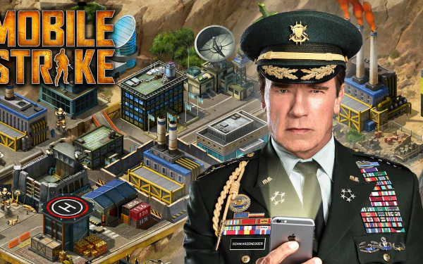 HD desktop wallpaper featuring Arnold Schwarzenegger in military attire for the game Mobile Strike, with game graphics in the background.