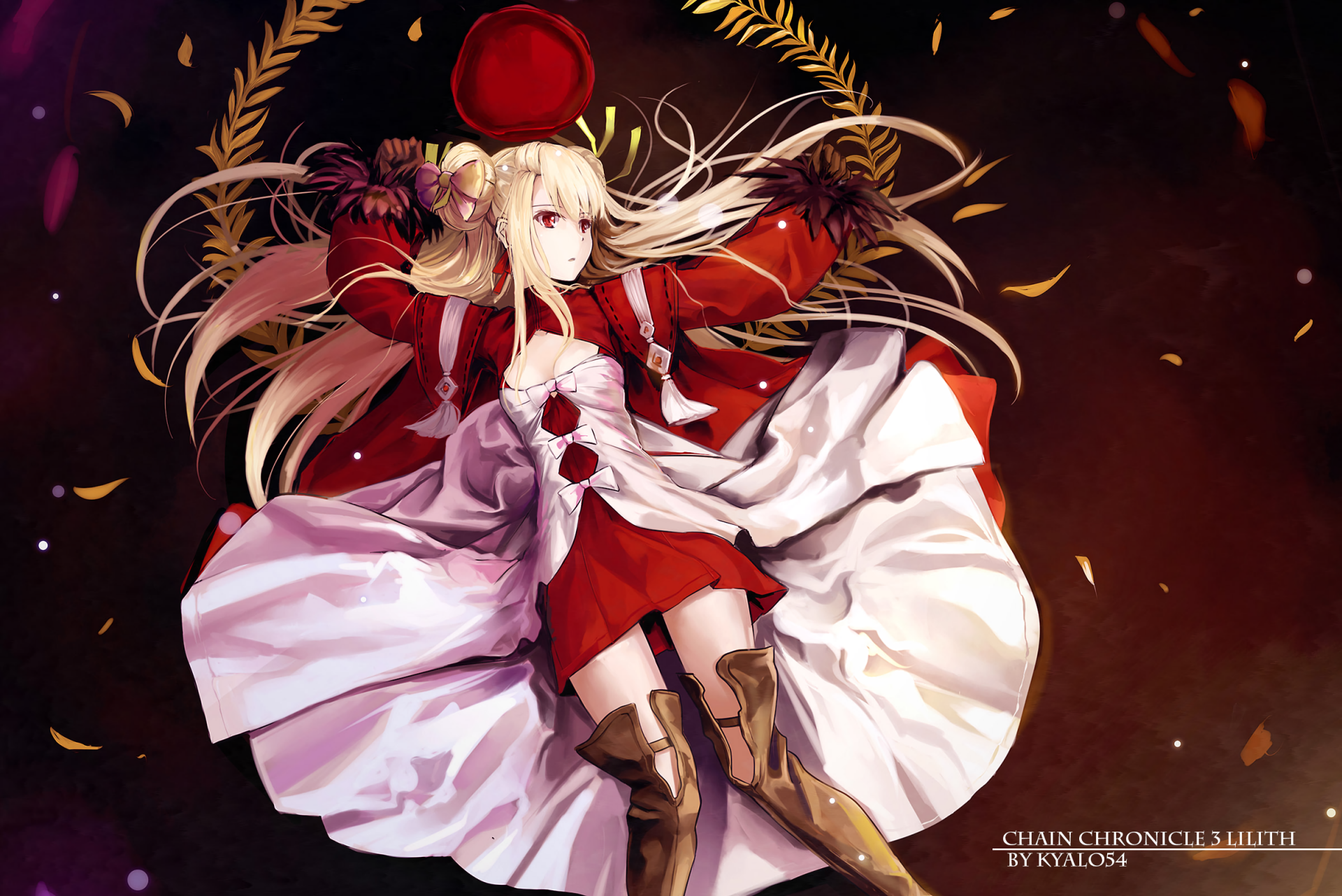 HD PC desktop wallpaper featuring an anime character from Chain Chronicle: The Light of Haecceitas with flowing blonde hair and red-white attire against a dark, fiery background.
