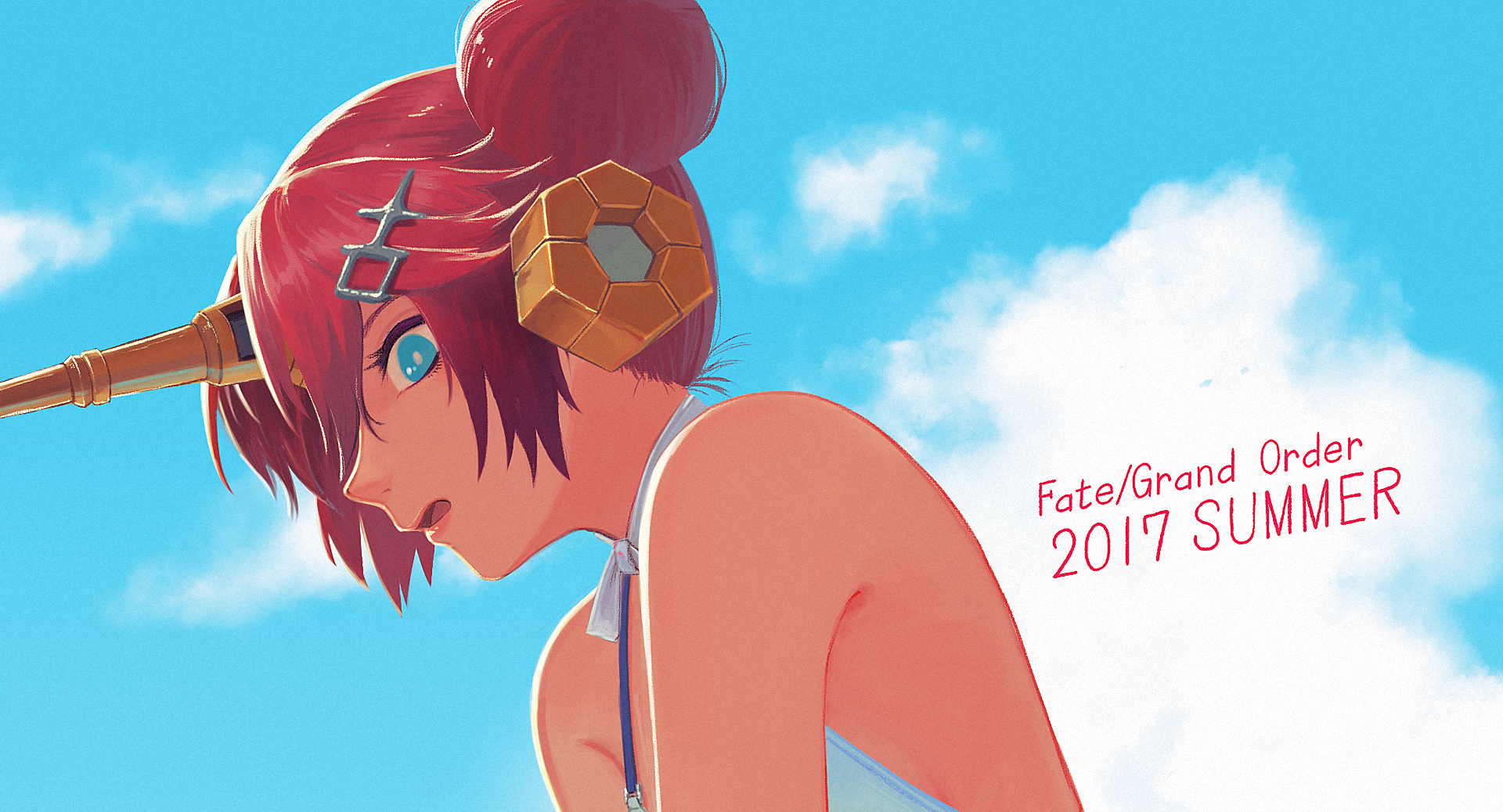 Berserker of Black (Fate/Apocrypha) anime artwork from Fate/Grand Order — red-haired figure with horn and visor against a bright blue sky; HD PC desktop wallpaper/background.