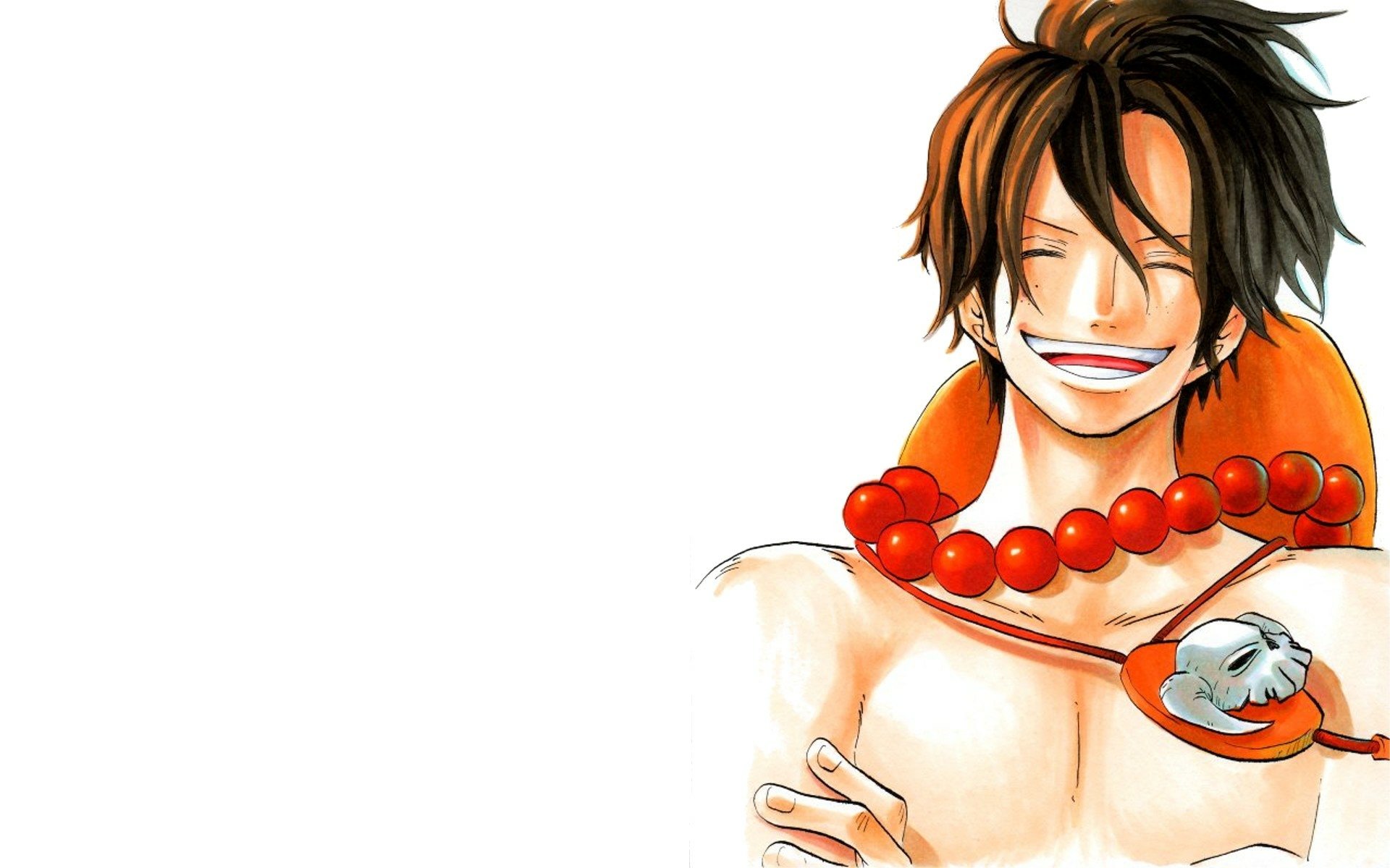 HD PC wallpaper featuring Portgas D. Ace from the anime One Piece, smiling with his signature bead necklace and open shirt against a white background.
