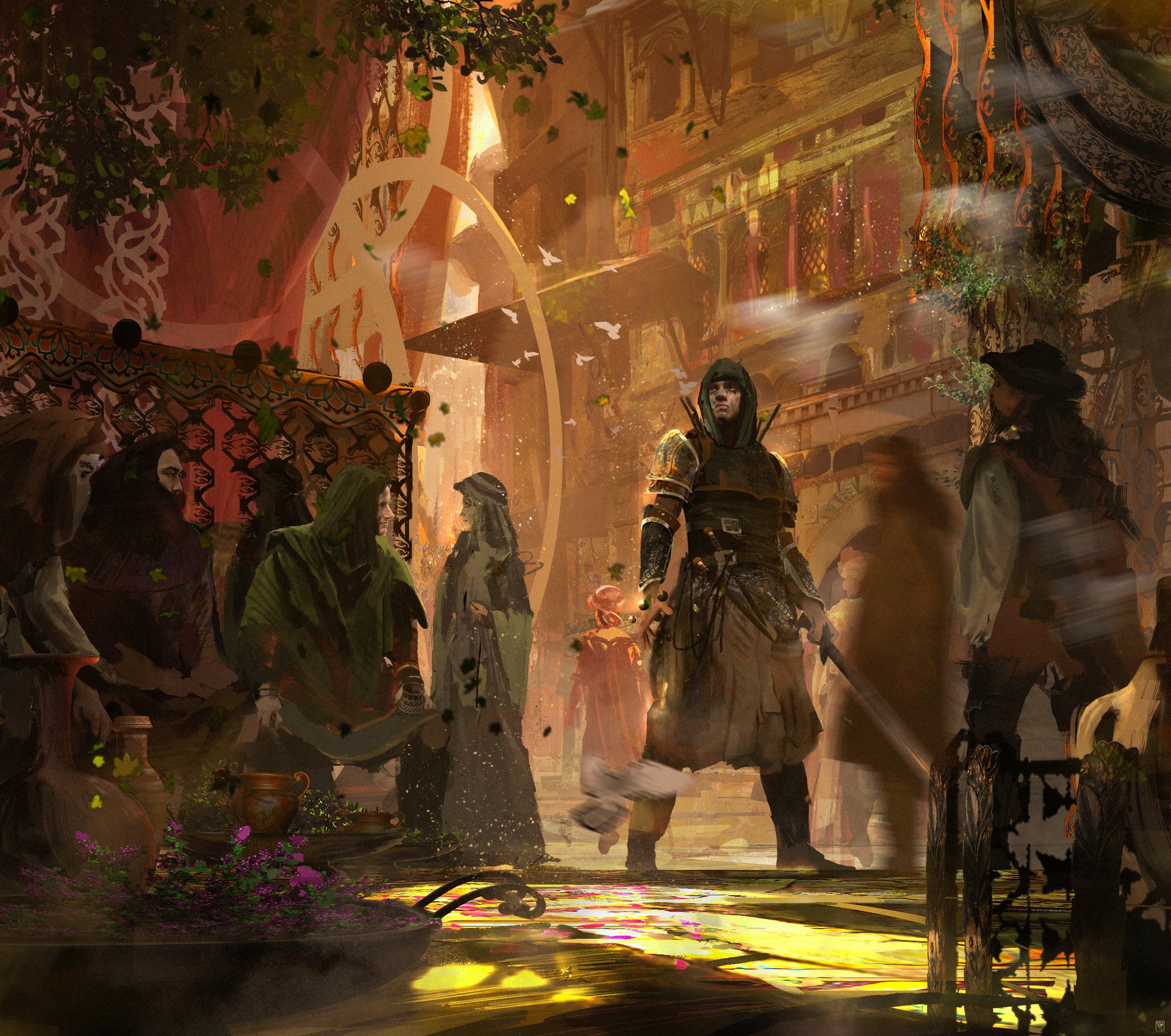 HD PC desktop wallpaper: cloaked fantasy assassin warrior with sword walking through a crowded market, shadowed people and ornate architecture in a vibrant fantasy scene.
