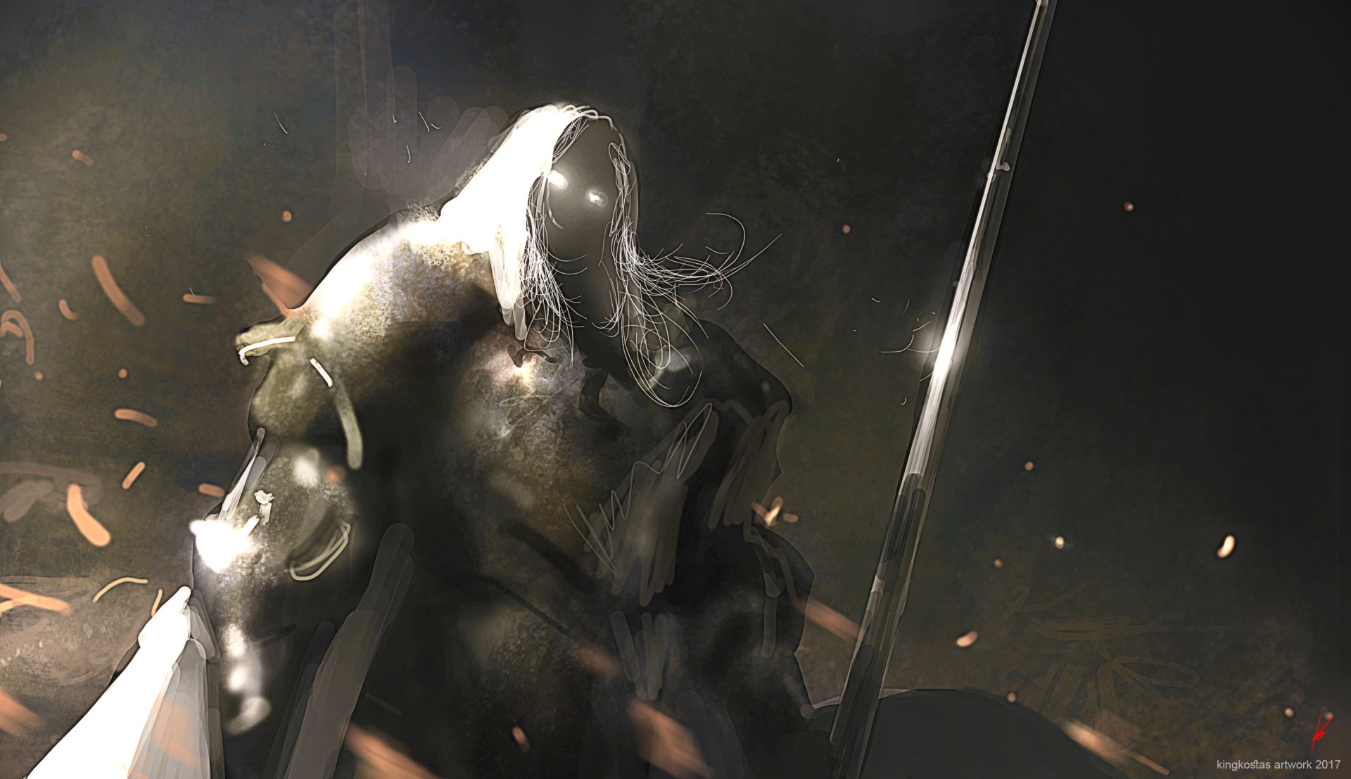 Armored fantasy warrior in a hooded helm gripping a long sword amid flying embers and dramatic lighting — 2K Quad HD PC desktop wallpaper and background.