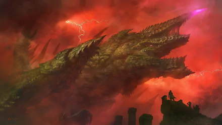HD fantasy desktop wallpaper depicting a massive dragon emerging through thick fog with lightning illuminating a fiery red sky.