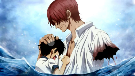 HD desktop wallpaper featuring Shanks and Monkey D. Luffy from the anime One Piece. Shanks, with a missing arm, rests his hand on a teary-eyed young Luffy, against a serene oceanic background.