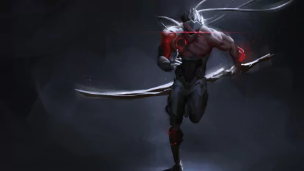 HD desktop wallpaper featuring Genji from the video game Overwatch, showcasing the cybernetic ninja warrior in a dynamic pose against a dark background.