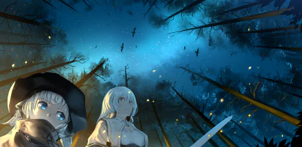 Anime Pixiv Fantasia RD HD PC wallpaper: two girls in a moonlit, firefly-lit forest under a starry blue sky, one with white hair and a drawn sword.