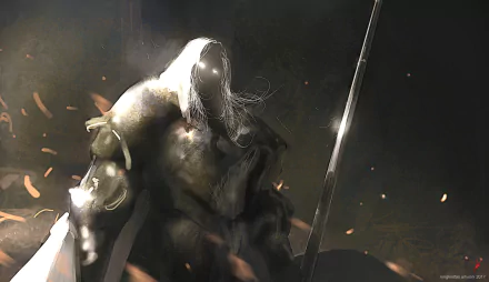 Armored fantasy warrior in a hooded helm gripping a long sword amid flying embers and dramatic lighting — 2K Quad HD PC desktop wallpaper and background.