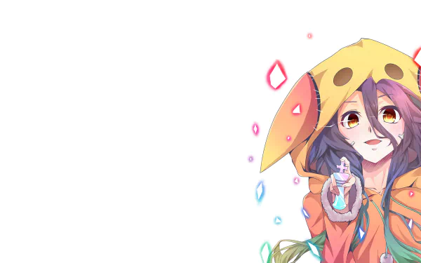 HD desktop wallpaper featuring Shuvi Dola from No Game No Life: Zero. An anime character wearing a yellow hat with ears, holding an object, with vibrant colors and a white background.