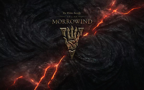 Dark volcanic landscape with glowing red cracks and the emblem for The Elder Scrolls Online: Morrowind, designed as an HD PC desktop wallpaper and background.
