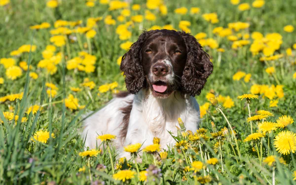 yellow flower dandelion dog Animal English Springer Spaniel HD Desktop Wallpaper | Background Image