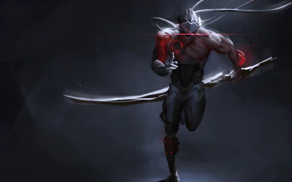 HD desktop wallpaper featuring Genji from the video game Overwatch, showcasing the cybernetic ninja warrior in a dynamic pose against a dark background.