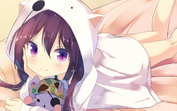 HD anime desktop wallpaper featuring Rize Tedeza from Is the Order a Rabbit, dressed in a white hoodie with cat ears, lying on a soft pink surface.