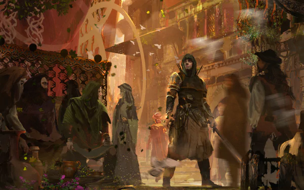 HD PC desktop wallpaper: cloaked fantasy assassin warrior with sword walking through a crowded market, shadowed people and ornate architecture in a vibrant fantasy scene.