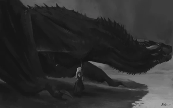 Black and white HD wallpaper or background featuring Daenerys Targaryen and her dragon from the TV show Game of Thrones.