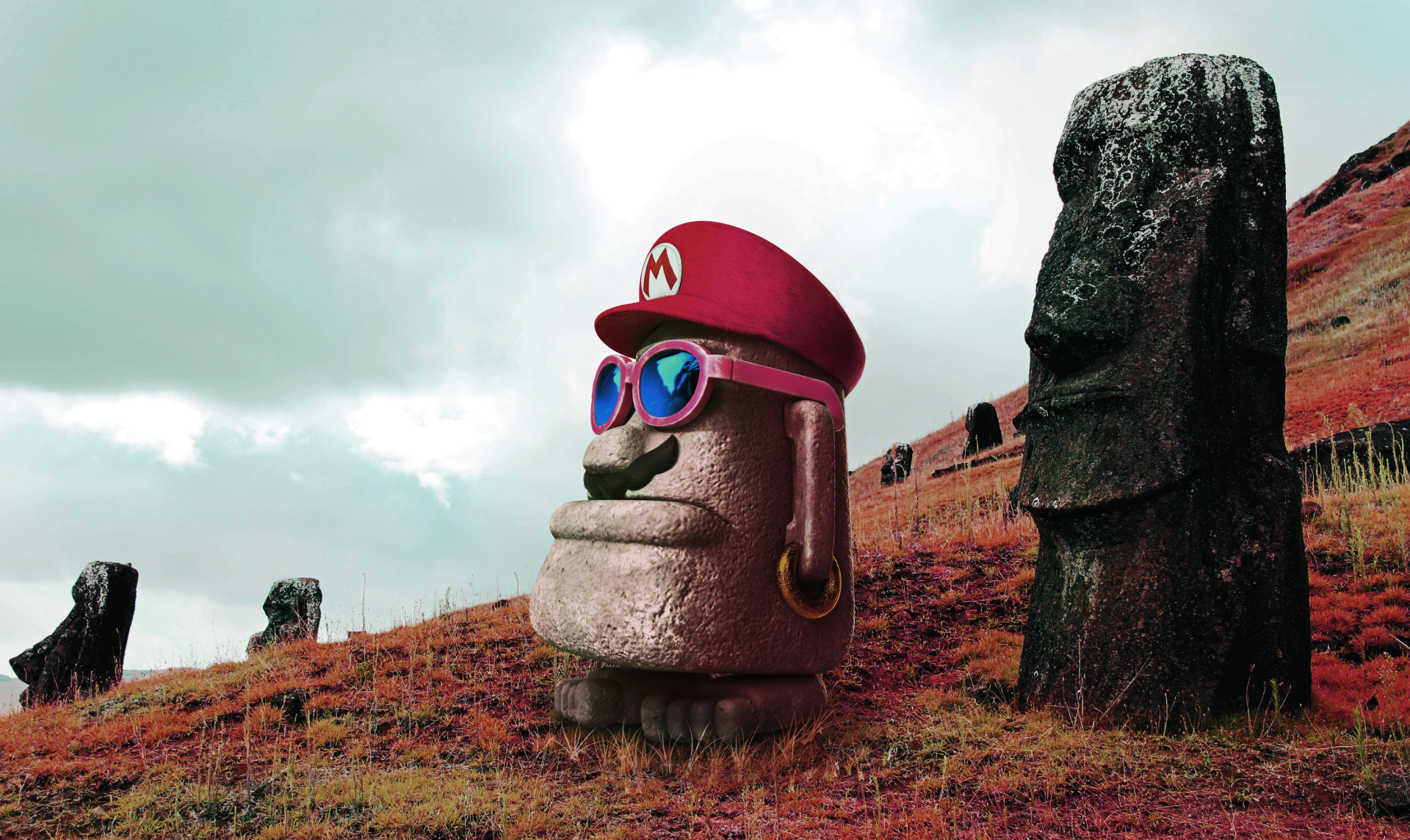 HD desktop wallpaper of Super Mario Odyssey featuring a Moai character with a red Mario hat and sunglasses standing among stone statues on a grassy, hilly landscape under a cloudy sky.
