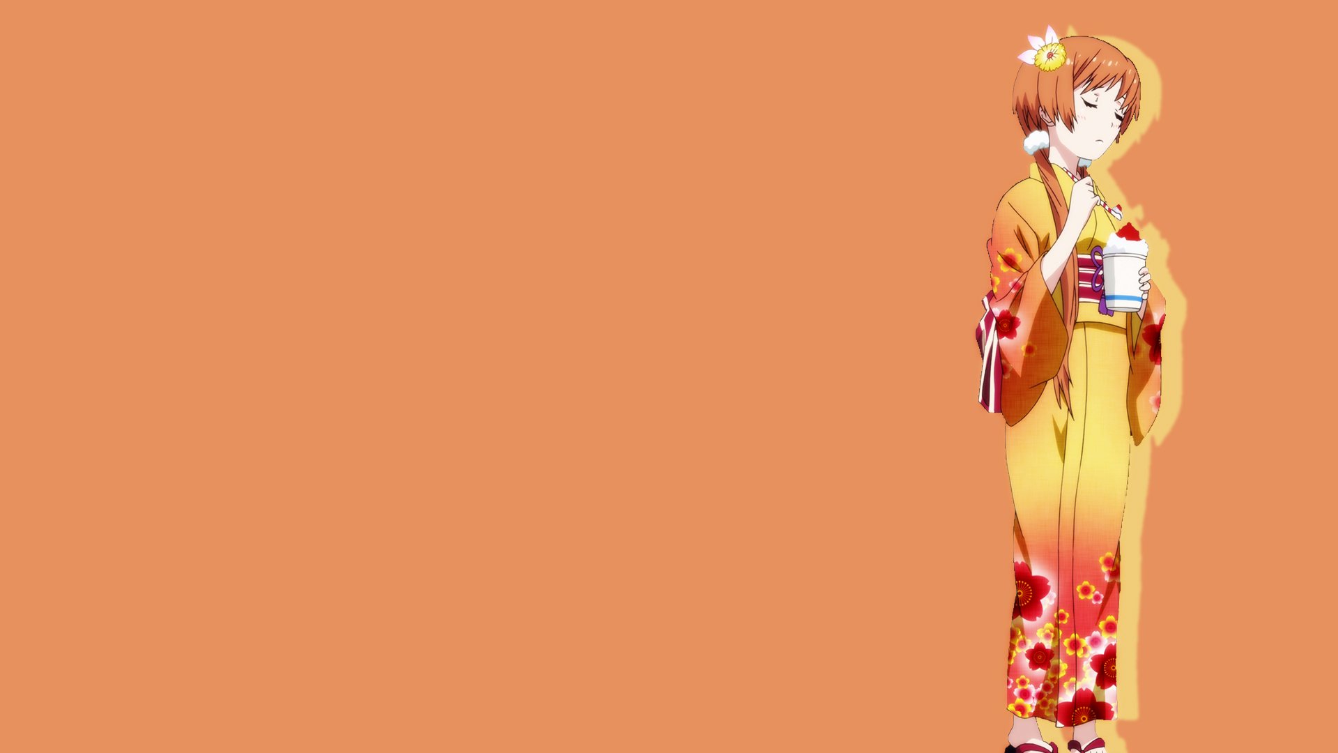 Marika Tachibana from Nisekoi in a floral orange kimono standing on the right against a plain peach HD PC desktop wallpaper background.