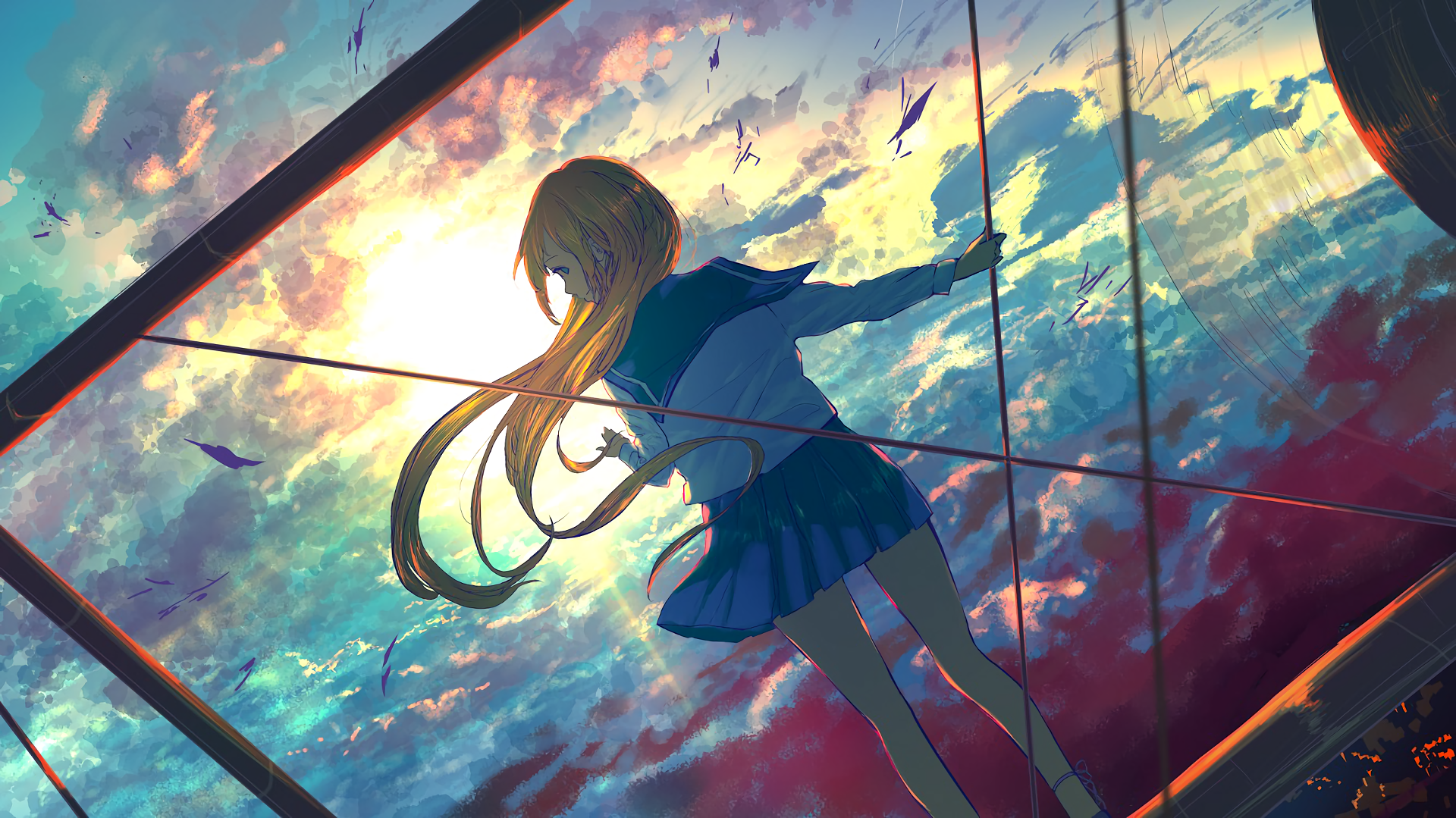 Anime original HD PC desktop wallpaper and background: schoolgirl in a blue uniform leans on a railing, hair and skirt swept by wind as the sun sets behind a dramatic, cloud-filled sky with distant birds.