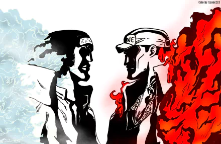 HD desktop wallpaper featuring Akainu and Aokiji from One Piece. The image contrasts fire and ice powers, depicting the intense rivalry between the two characters.