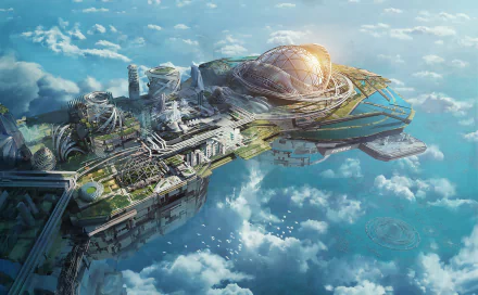 HD PC desktop wallpaper of a futuristic sci-fi city floating above the clouds, blending advanced technology with lush greenery in a vibrant sci-fi setting.