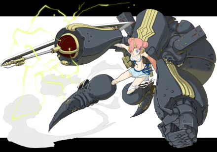 HD PC wallpaper: Frankenstein (Berserker of Black) — Fate/Apocrypha anime art of a pink-haired girl in a school uniform alongside a massive armored mechanical arm.