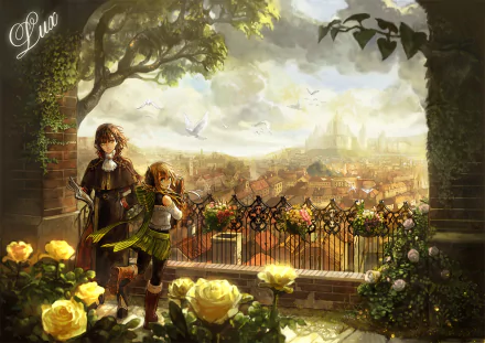 Anime-style original HD desktop wallpaper depicting two characters standing on a balcony overlooking a sunlit cityscape framed by blooming yellow roses and arching trees.
