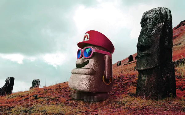 HD desktop wallpaper of Super Mario Odyssey featuring a Moai character with a red Mario hat and sunglasses standing among stone statues on a grassy, hilly landscape under a cloudy sky.