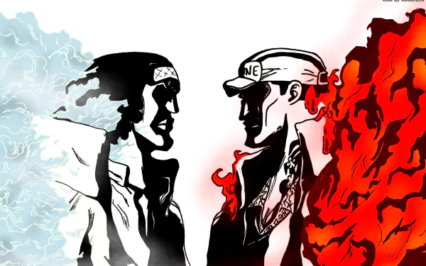 HD desktop wallpaper featuring Akainu and Aokiji from One Piece. The image contrasts fire and ice powers, depicting the intense rivalry between the two characters.