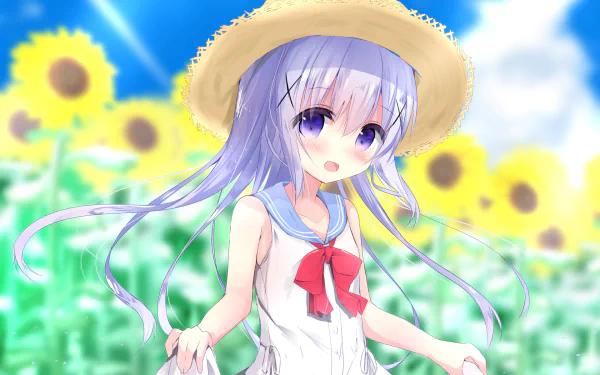 Anime Chino Kafū (Is the Order a Rabbit) in a straw hat and white sailor dress with a red bow, smiling amid sunflowers — HD PC desktop wallpaper/background.
